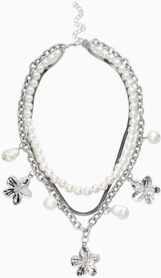 Колье многослойное с подвесками «Жемчуг с цветами»