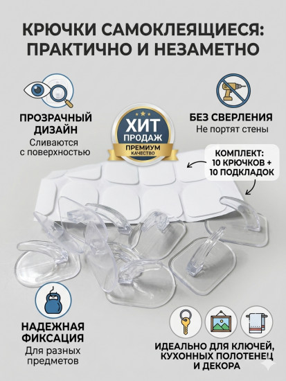 Прозрачные крючки-самоклейки