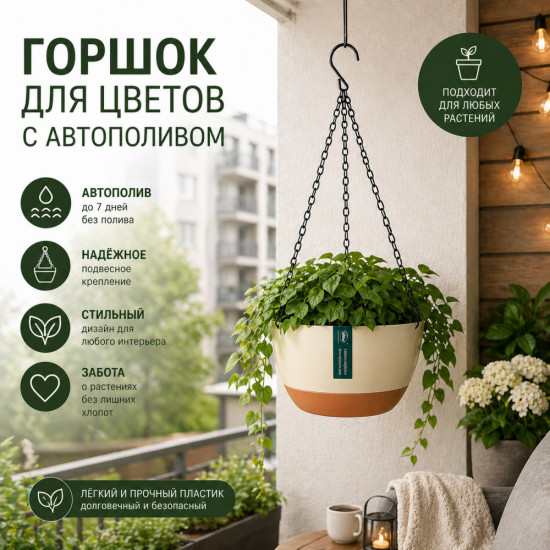 Горшок для цветов с автополивом подвесной, бежевый, S 
