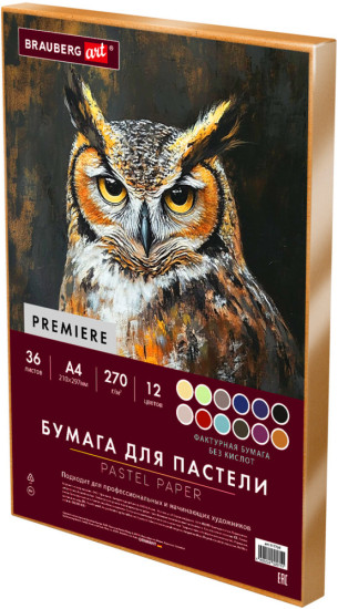 Бумага для пастели Фактурная, А4, в коробке, 36 листов, 12 цветов, 270 г/м², Art, 117759