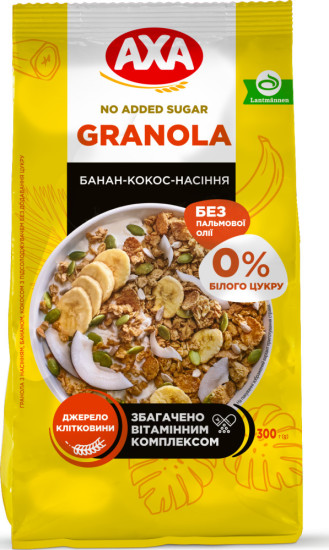 Гранола с семечками, бананом и кокосом.