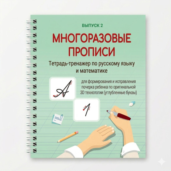 Прописи многоразовые с исчезающими чернилами и 3D буквами, резиновая насадка, 32 стр., 3-8 лет