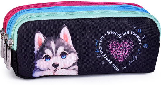 Пенал "Cute Husky" прямоугольный для 60 предметов плотный износостойкий полиэстер с водоотталкивающей пропиткой 3 отделения на молнии с молниями 3-х цветов