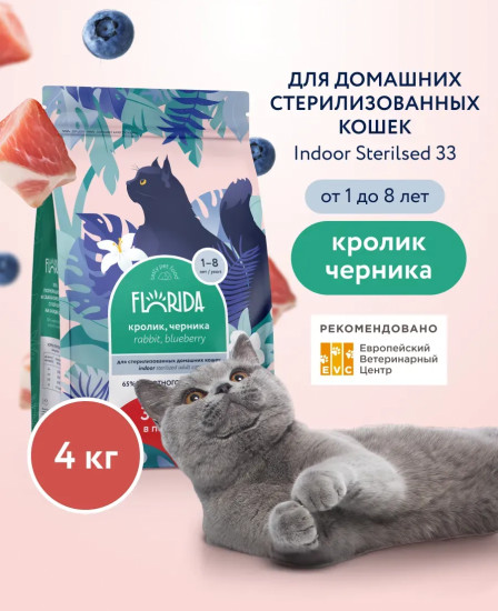 Корм сухой для домашних стерилизованных кошек с кроликом и черникой «Indoor Sterilised 33. Rabbit»