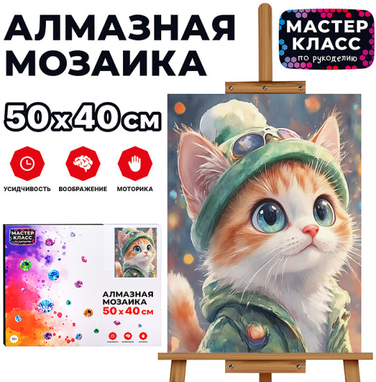Мозаика алмазная «Котик в шапочке»
