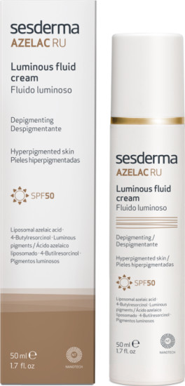 Дневной крем-флюид AZELAC RU Luminous Fluid для лица солнцезащитный SPF 50, осветляющий крем от пигментных пятен, постакне и купероза с азелаиновой кислотой и сиянием