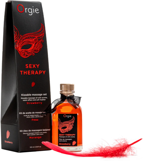 Массажное масло с ароматом клубники и перышко «Sexy Therapy Strawberry»