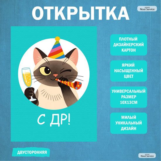 Открытка «С ДР!» с котиком 10×13 см, двусторонняя поздравительная открытка с местом для пожеланий