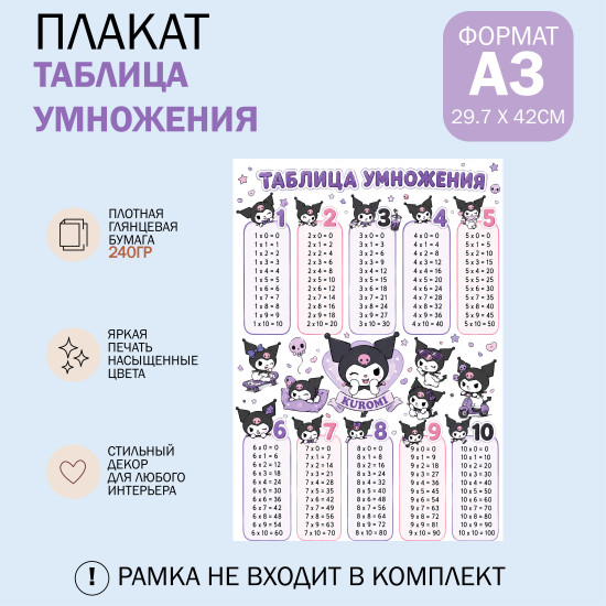 Плакат развивающий Таблица умножения А3 Постер обучающий Куроми