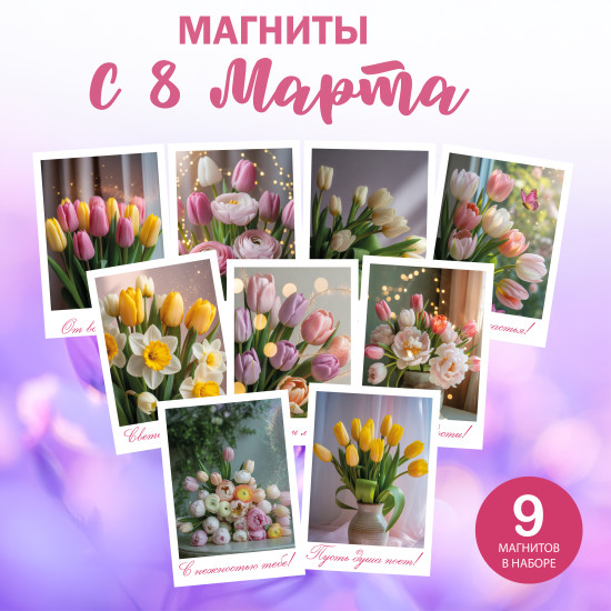 Набор магнитов «С 8 Марта!» в стиле полароид (9 шт., 7×9.5 см)