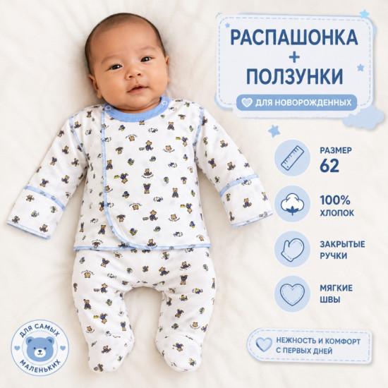 Комплект для новорождённых: ползунки и распашонка с принтом «Мишка»