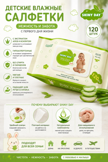 Детские влажные салфетки SHINY DAY, 120 шт.