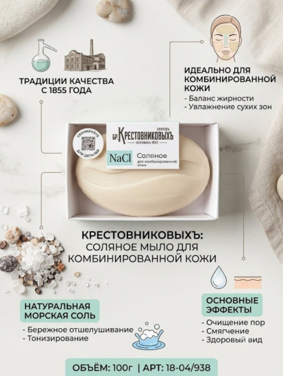 Соляное натурально мыло, для комбинированной кожи (NaCl)