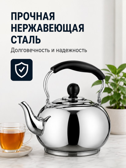 Чайник для плиты 4 л из нержавеющей стали, со свистком, металлический