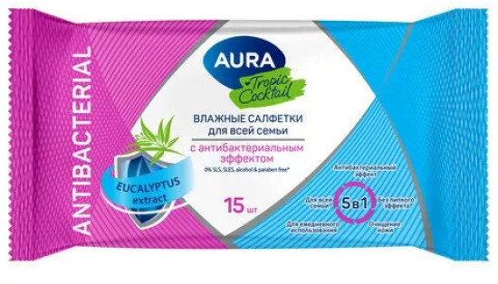 Влажные салфетки c антибактериальным эффектом в ассортименте TROPIC COCKTAIL, 15шт