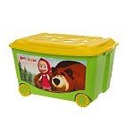 Ящик для игрушек с аппликацией «Маша и Медведь» на колёсиках, с крышкой, цвет зелёный