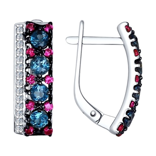 Серьги из серебра с топазами и бесцветными и красными фианитами