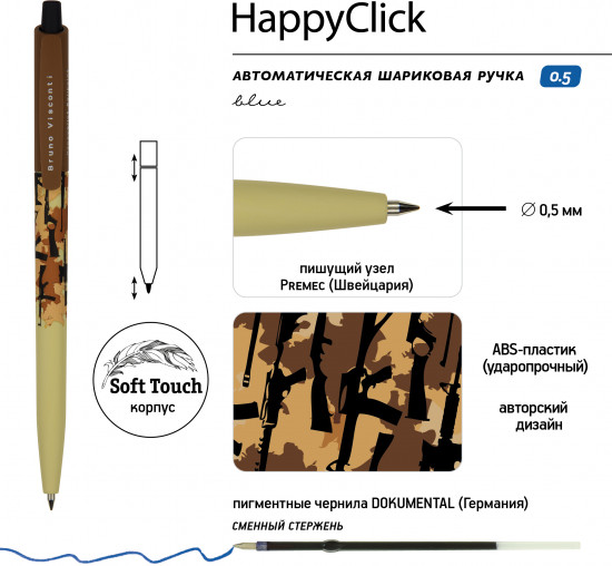 Ручка шариковая автоматическая HappyClick со стираемыми чернилами «Military паттерн. Оружие»