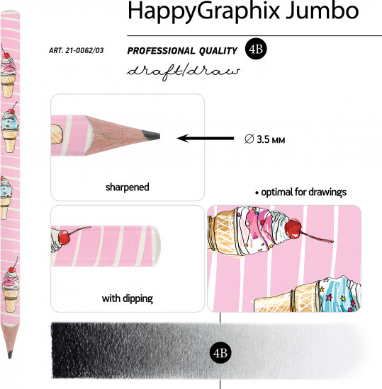 Набор карандашей чернографитовых «HappyGraphix jumbo. Мороженое. Сахарный рожок»
