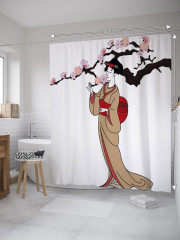 Штора для ванной с водоотталкивающей пропиткой «Гейша у ветки сакуры» - Фото 1