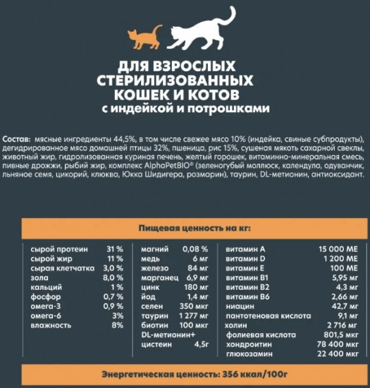 Корм сухой для стерилизованных кошек с индейкой и потрошками