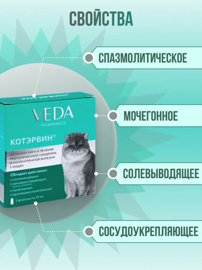 Раствор для профилактики и лечения урологического синдрома и мочекаменной болезни для кошек и собак «Котэрвин»