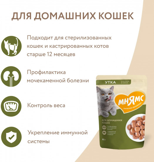 Корм для домашних кошек «Кусочки в соусе с уткой»