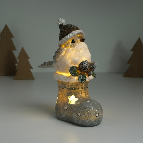 Фигурка светящаяся «Воробышек в колпаке сидит на новогоднем сапоге»