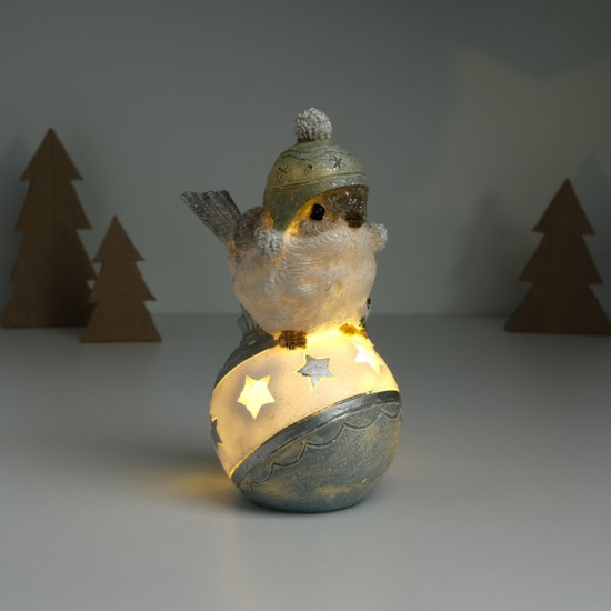 Фигурка светящаяся «Воробышек в шапке сидит на новогоднем шарике»