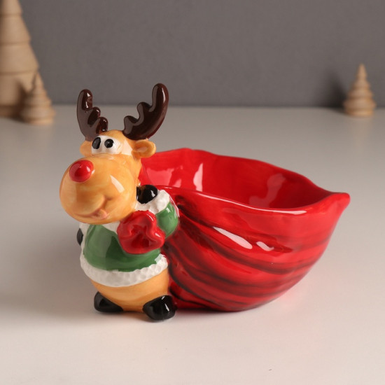 Фигурка-подставка для мелочей «Лось в зелёной шубе с большим красным мешком»