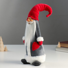 Кукла интерьерная текстильная «Дедушка Мороз в серой шубе и красном колпаке-шапке» - Фото 3