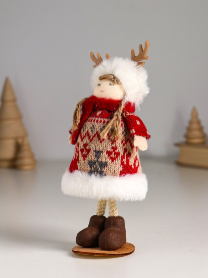 Кукла интерьерная текстильная «Малышка в вязаном платье в шапке с рожками»