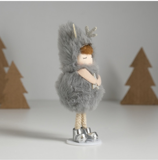 Кукла интерьерная текстильная «Малышка в серой мохнатой шубке в шапке с рожками»