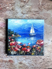 Картина маслом ручной работы «Цветы у моря» - Фото 2