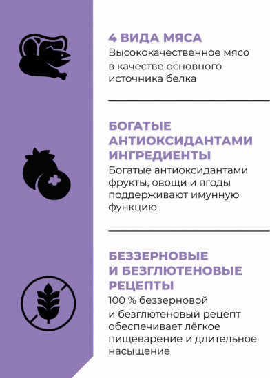 Корм сухой для котят и кошек всех возрастов беззерновой с курицей, индейкой, лососем и уткой