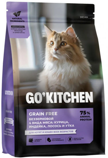 Корм сухой для котят и кошек всех возрастов беззерновой с курицей, индейкой, лососем и уткой