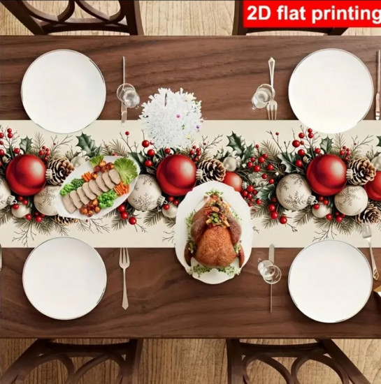 Новогодняя дорожка на стол «Рождественская ветвь с шишками и шарами»