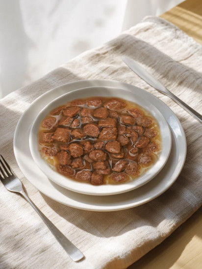 Набор консервов для взрослых собак и щенков «Кусочки говядины с потрошками в нежном соусе»