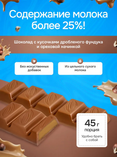 Молочный шоколад с ореховой начинкой и дробленым фундуком