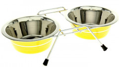 Миска двойная цветная с полосой на подставке, 2х200 мл - Фото 1