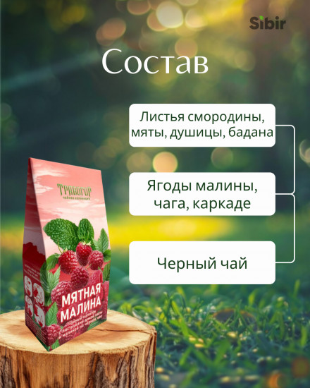 Чайный напиток с листочками дикой мяты и малиной на чёрном чае «Мятная малина»