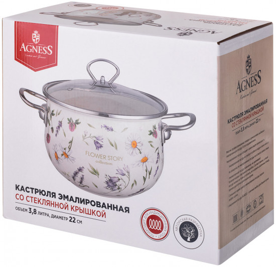 Кастрюля эмалированная со стеклянной крышкой «Flower story»