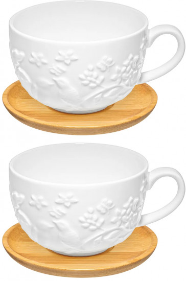 Набор чашек для капучино и кофе латте на бамбуковой подставке «Птички на ветке»