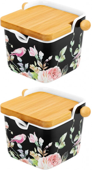 Набор банок для сыпучих продуктов с откидными крышками и ложками «Певчие птички на черном»