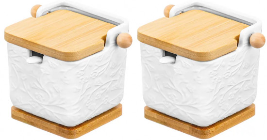 Набор банок для сыпучих продуктов на деревянных подставках с крышками и ложками «Веточки-цветочки»