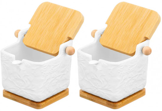 Набор банок для сыпучих продуктов на деревянных подставках с крышками и ложками «Веточки-цветочки»