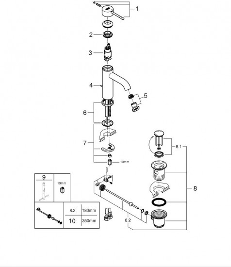 Смеситель для раковины с донным клапаном, размер S