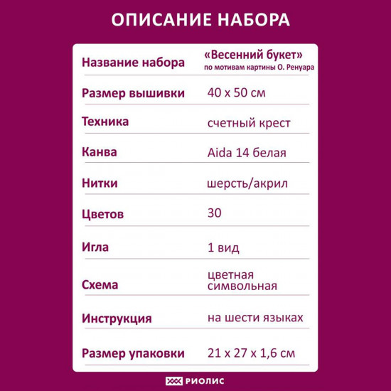 Набор для вышивания по мотивам картины О. Ренуара «Весенний букет»