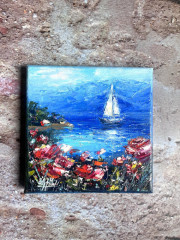 Картина маслом ручной работы «Цветы у моря» - Фото 2