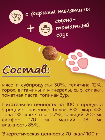 Консервы для кошек «Фрикадельки с фаршем телятины в сырно-томатном соусе»